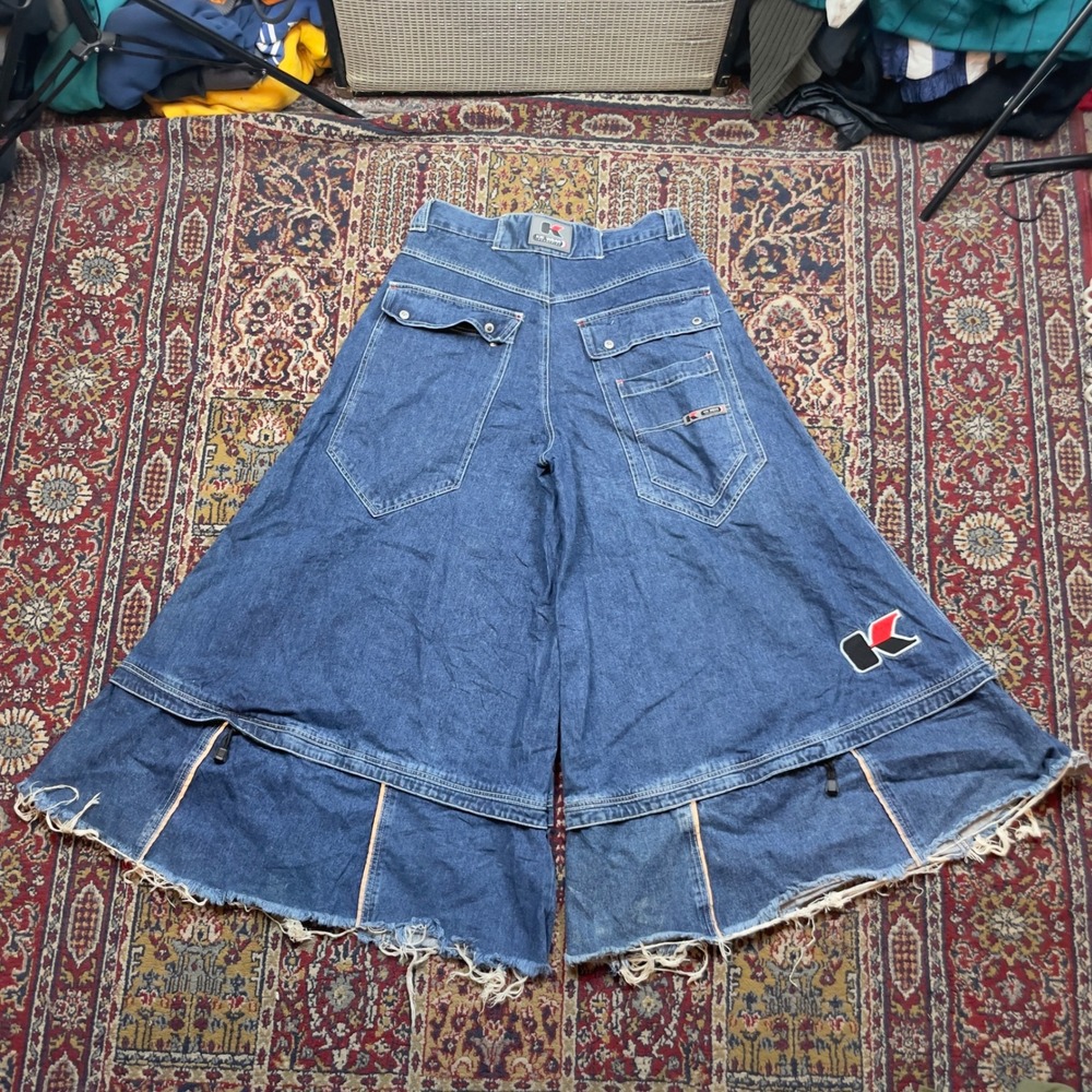 VTG Rare 90s Kikwear GRAIL 60" Baggy Rave Flare Jeans Blue Denim Red Logo 33x32